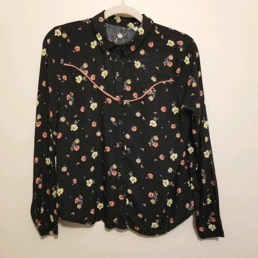 ASOS 8 Black floral button up shirt western fringe